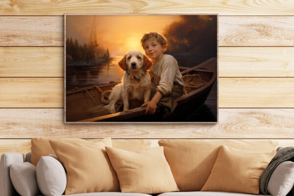 Boy and his dog on boat, animal decor