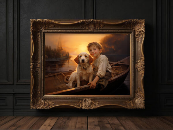 Boy and his dog on boat, animal decor