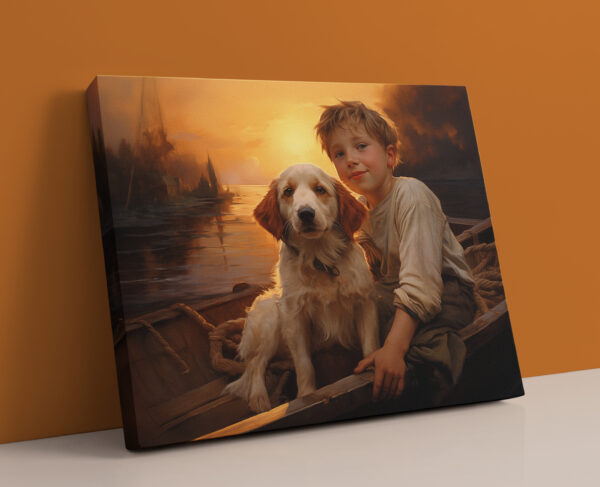 Boy and his dog on boat, animal decor