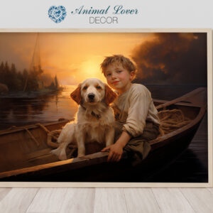 Boy and his dog on boat, animal decor