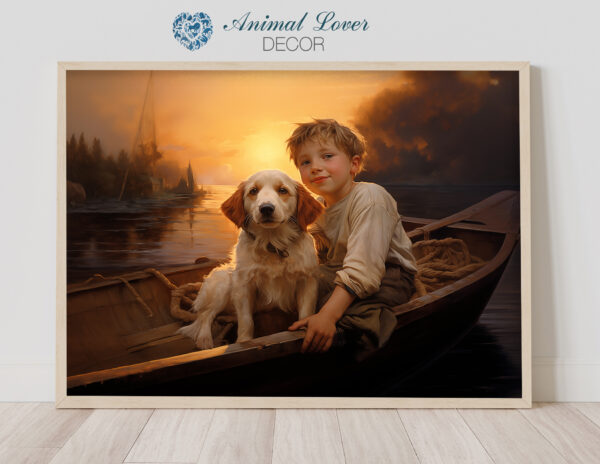 Boy and his dog on boat, animal decor