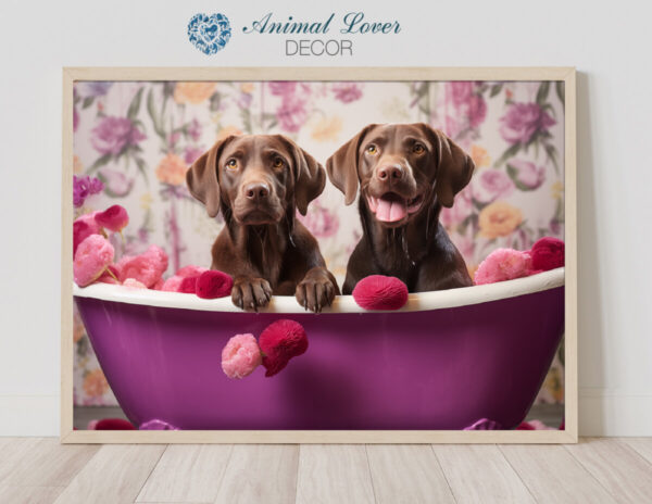 Brown Labrador Puppies in a Bathtub, INSTANT DOWNLOADS, Brown Lab Wall Art, Bathroom Dog Art, Bathroom Decor, purple art