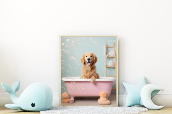 Golden Retriever in a Bathtub, INSTANT DOWNLOADS, Golden Retriever Wall Art, Bathroom Dog Art, Bathroom Decor, Dog Art - Image 2