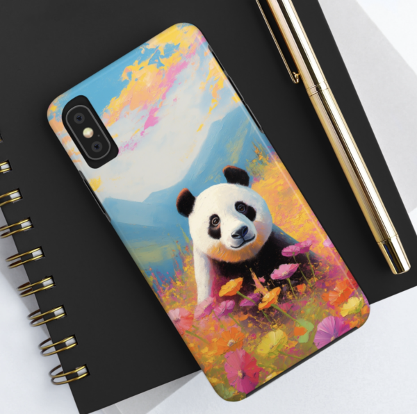 Panda bear in field of flowers, phone case art,