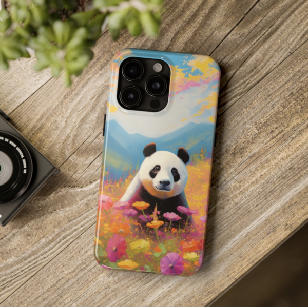 Panda bear in field of flowers, phone case art,