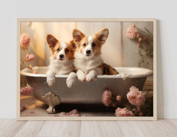 Pembroke Welsh Corgis in a Bathtub, INSTANT DOWNLOADS, Corgis Wall Art, Bathroom Dog Art, Bathroom Decor, Dog Art