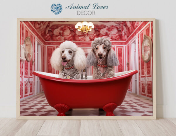 Poodles in a Bathtub, INSTANT DOWNLOADS, Poodles Wall Art, Bathroom Dog Art, Red Bathroom Decor, Dog Art