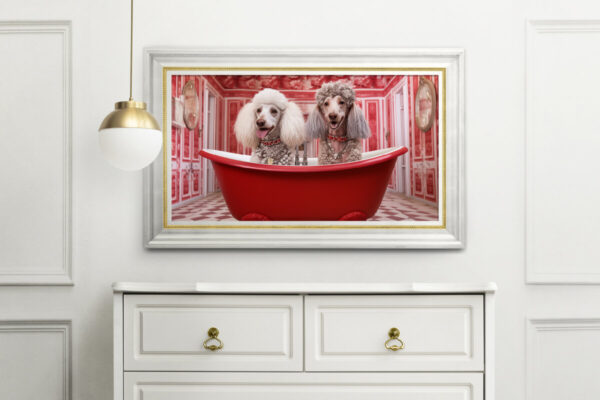 Poodles in a Bathtub, INSTANT DOWNLOADS, Poodles Wall Art, Bathroom Dog Art, Red Bathroom Decor, Dog Art - Image 2