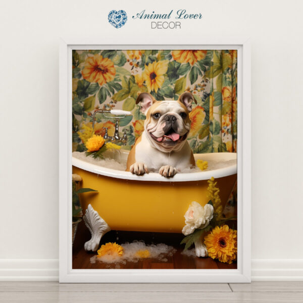 Bulldog Puppies in a Bathtub, INSTANT DOWNLOADS, Bulldog Wall Art, Bathroom Dog Art, Bathroom Decor, Yellow Art