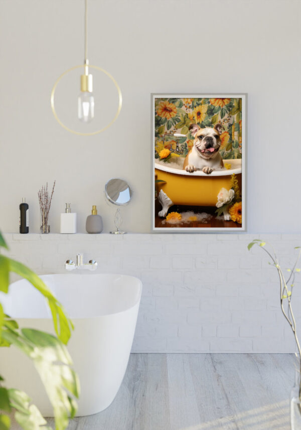 Bulldog Puppies in a Bathtub, INSTANT DOWNLOADS, Bulldog Wall Art, Bathroom Dog Art, Bathroom Decor, Yellow Art - Image 4